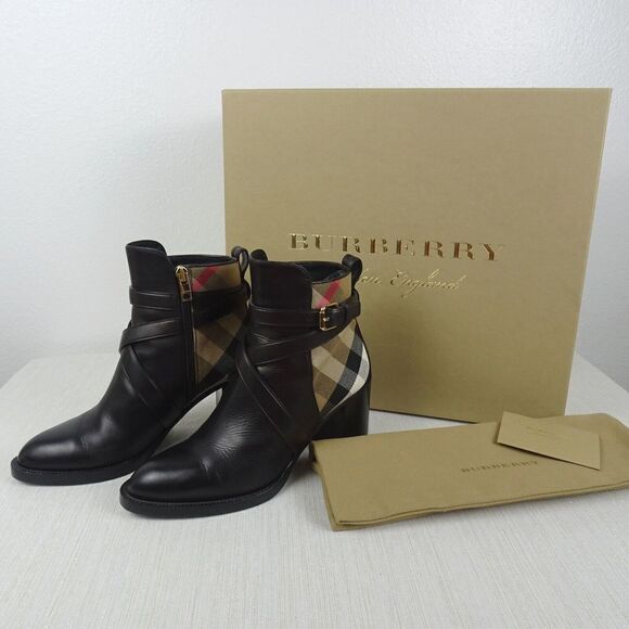 Burberry Shoes - BURBERRY Women's Booties Vaughan Vintage Check & Leather Ankle Boots Heels 37